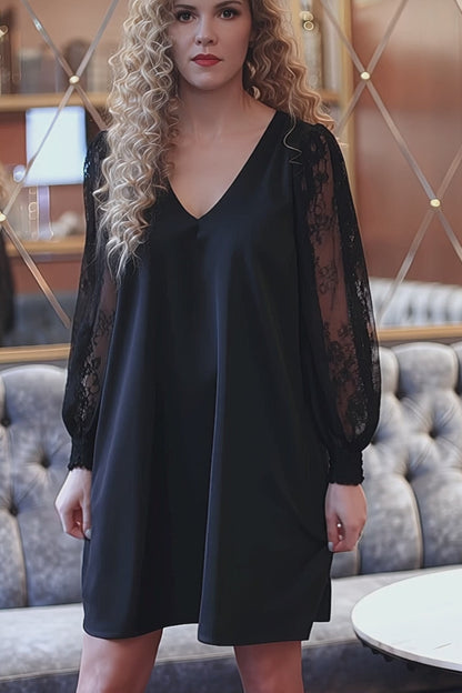 Black Satin Mini Dress with Lace Sleeves and Bow Back – Women’s V-Neck Evening Dress