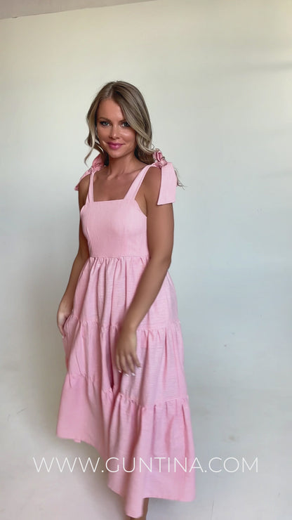 Rose Flared Linen Maxi Dress with Pockets