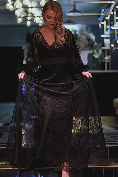 Black Lace Maxi Dress for Women – Sheer Long Sleeve Gown with Satin Waist Tie, Floral Lace Evening & Occasion Dress