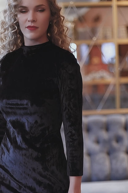 Black Velvet Midi Dress for Women – Long Sleeve Fitted Dress, Soft Stretch Velvet Bodycon, Minimalist Evening & Occasion Outfit
