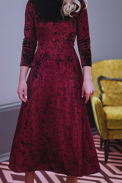 Burgundy Velvet Midi Dress with Long Sleeves – Soft Stretch Bordeaux Dress for Women