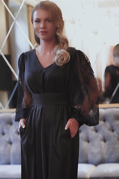 Black Satin Maxi Dress with Lace Sleeves and Bow Back Detail