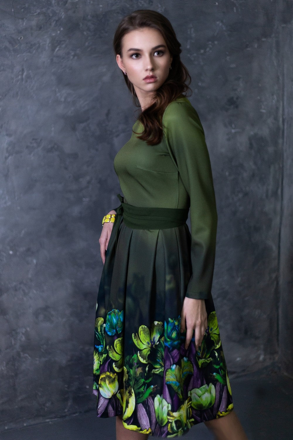 Green dress with painted tulips