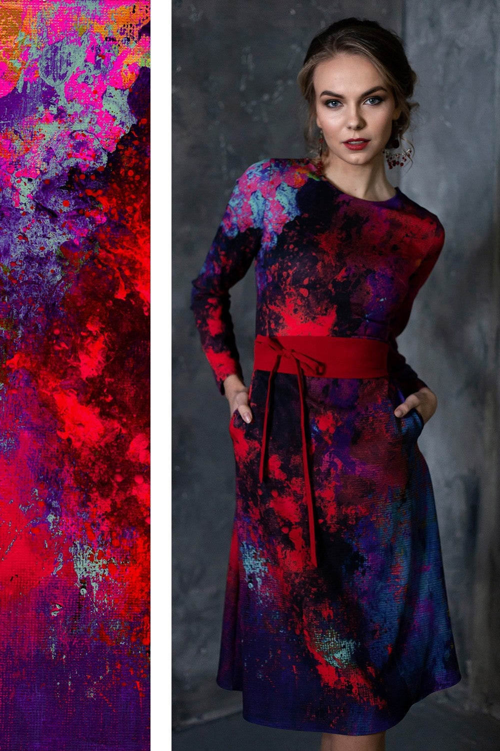 Kleid mit abstraktem rotem Aufdruck 