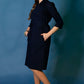 Dark blue linen dress with stand up collar