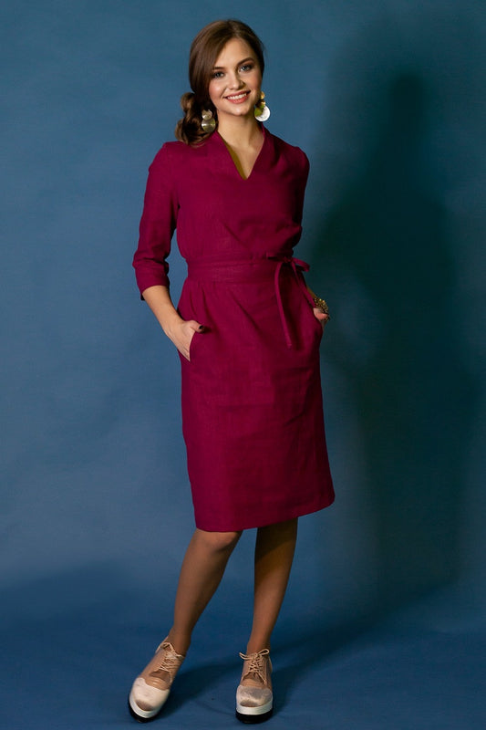 Raspberry red linen dress with stand up collar