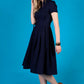 Dark blue linen dress with stand up collar