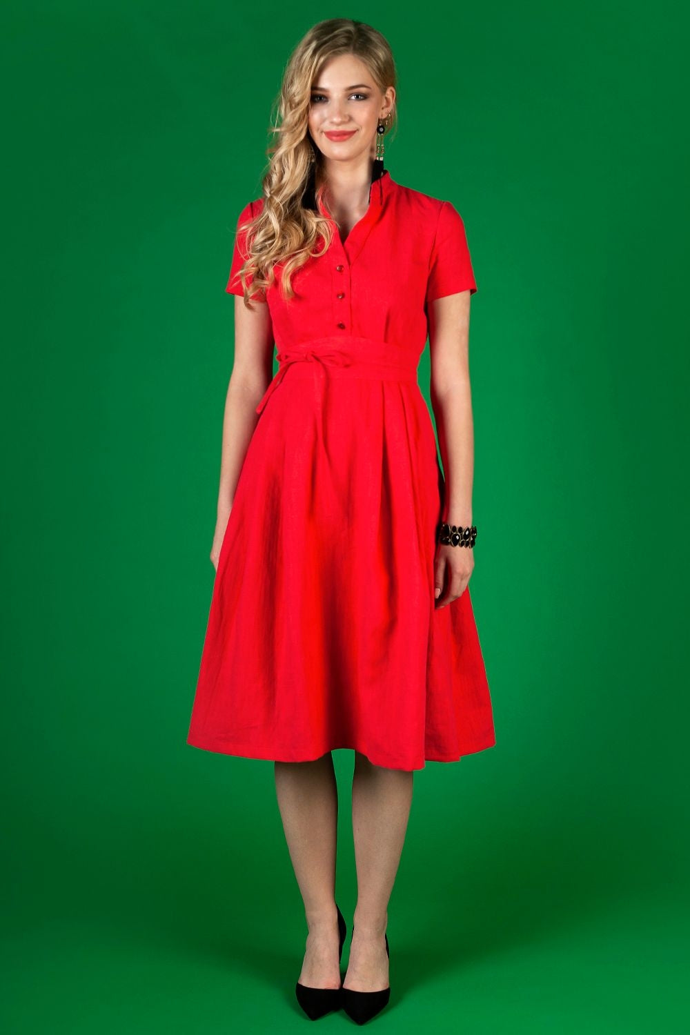 Red linen dress with stand up collar
