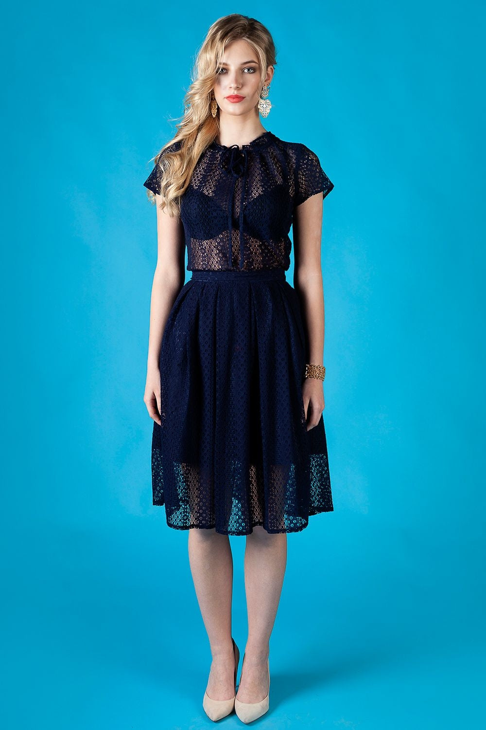 Dark blue lace skirt with side pockets