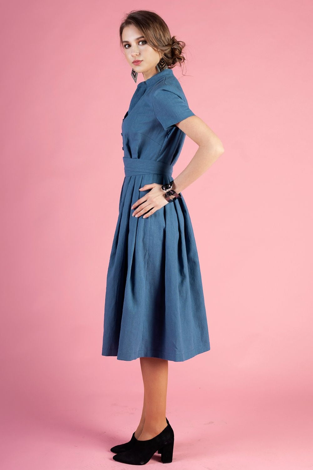 Blue grey linen dress with stand up collar