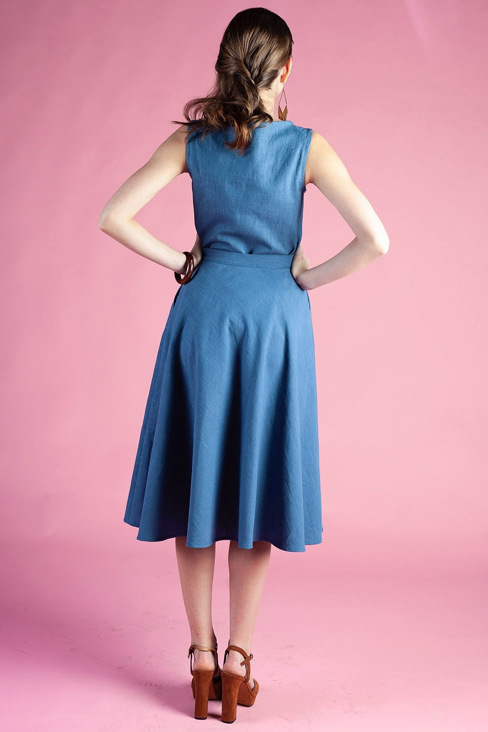 Blue grey linen circle skirts with side pockets