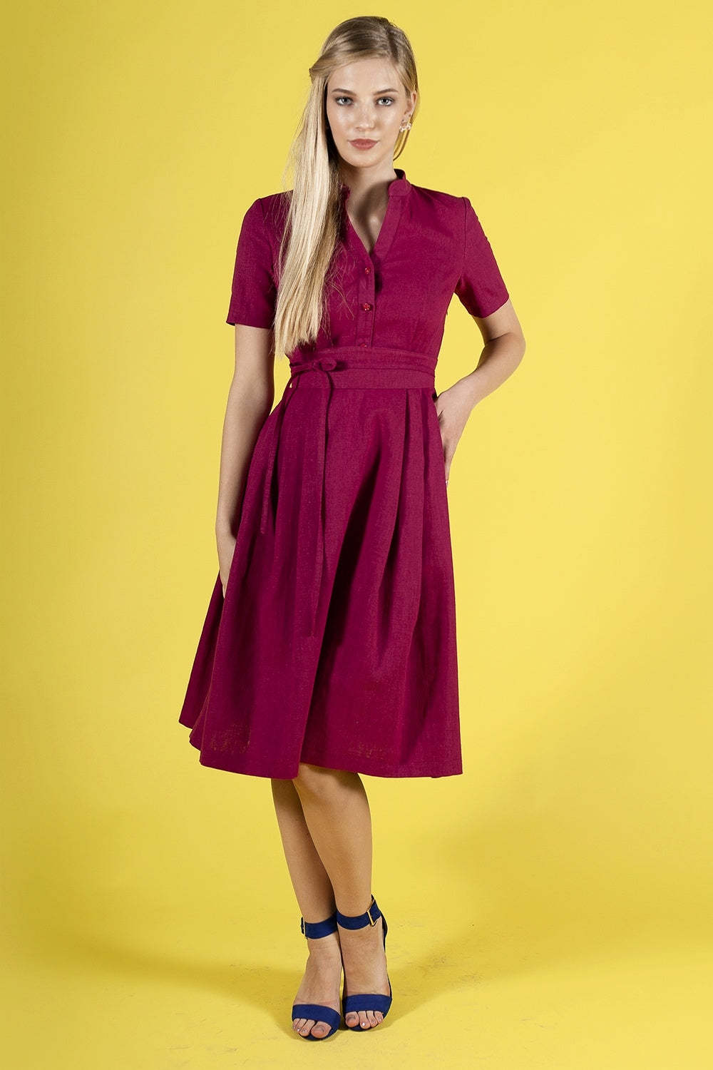Raspberry red linen dress with stand up collar