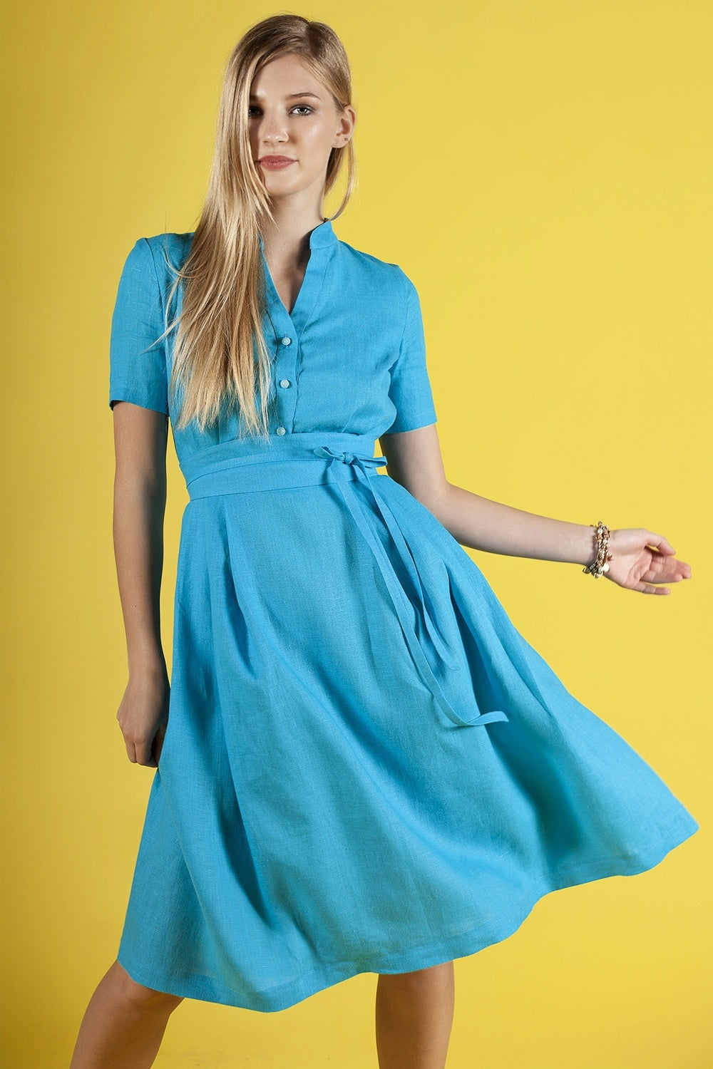 Turquoise linen dress with stand up collar