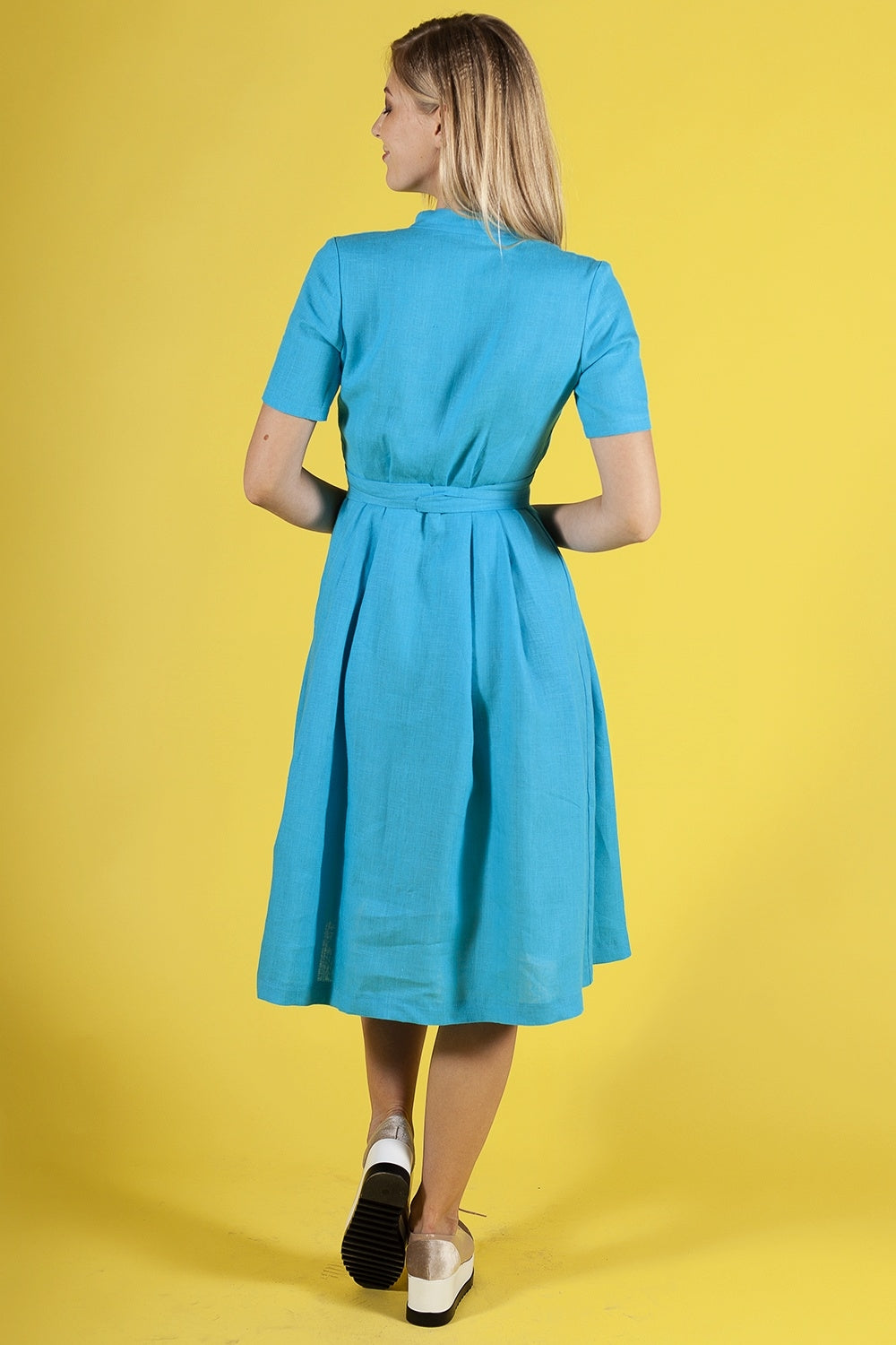 Turquoise linen dress with stand up collar