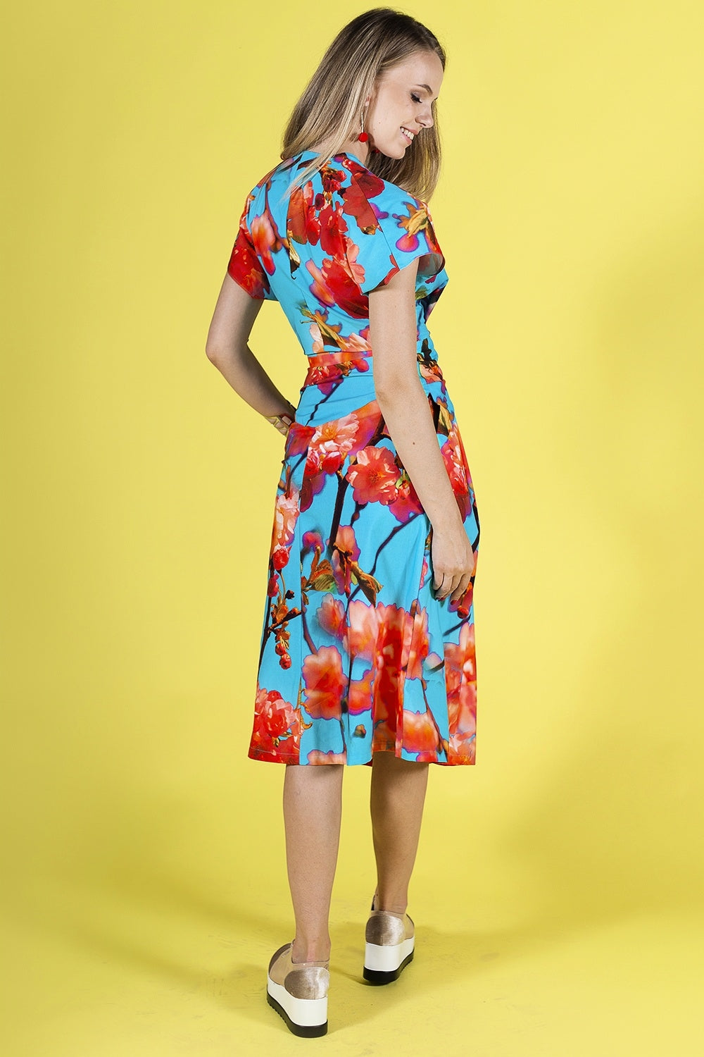 Red flower dress with side pockets