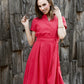 Red linen dress with stand up collar