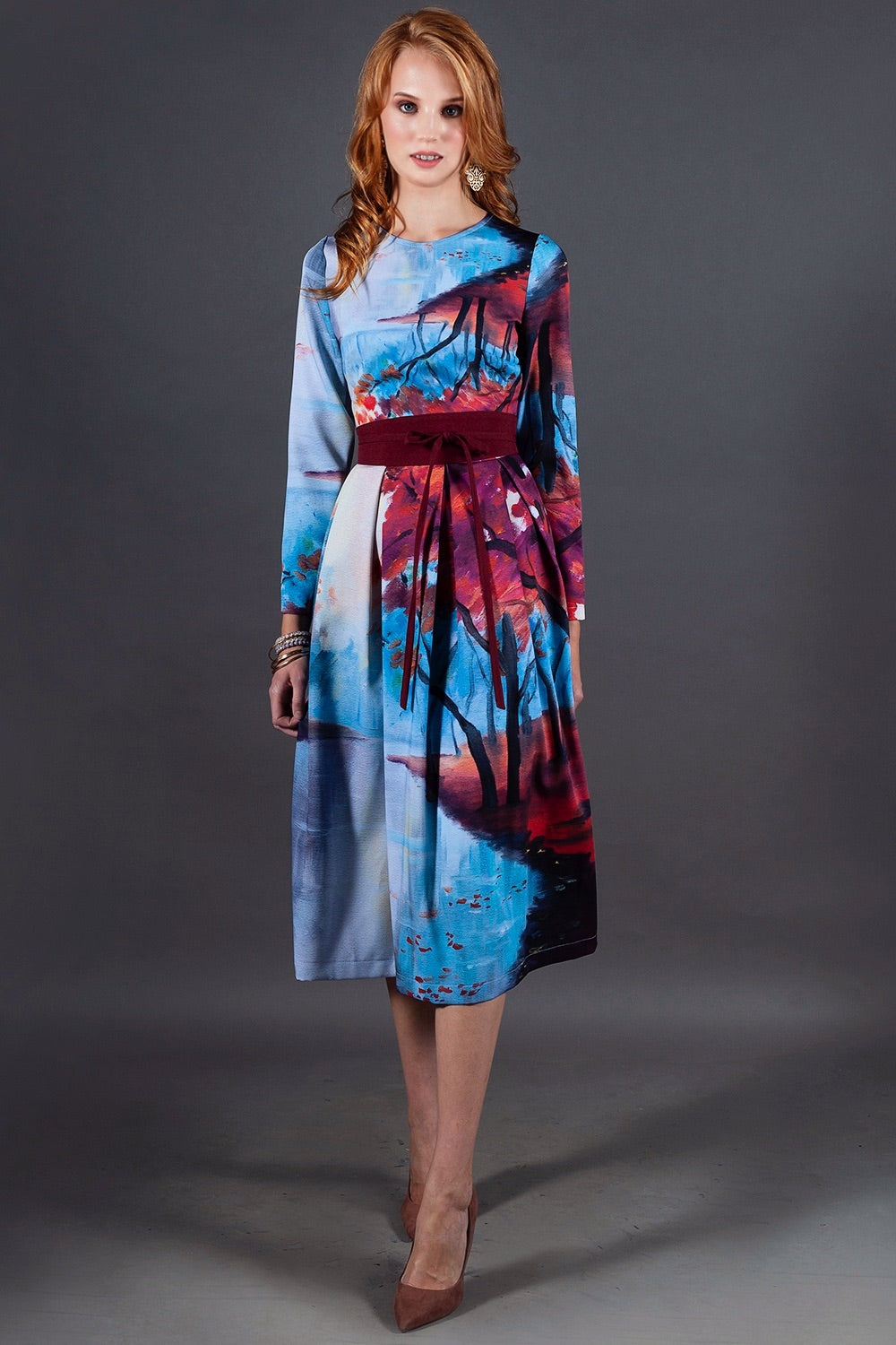 Dress with red painted tree print