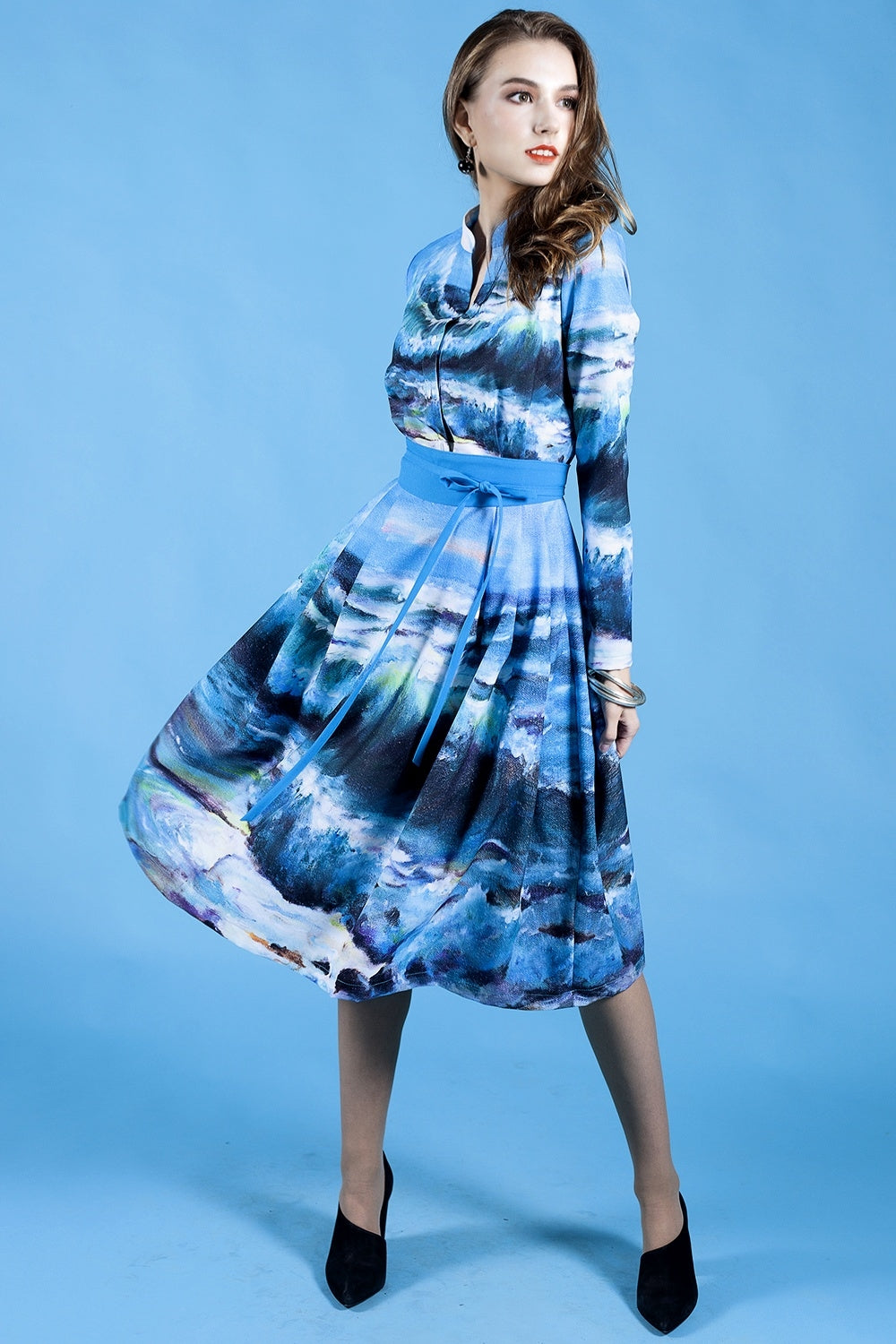 Dress with painted sea wave print