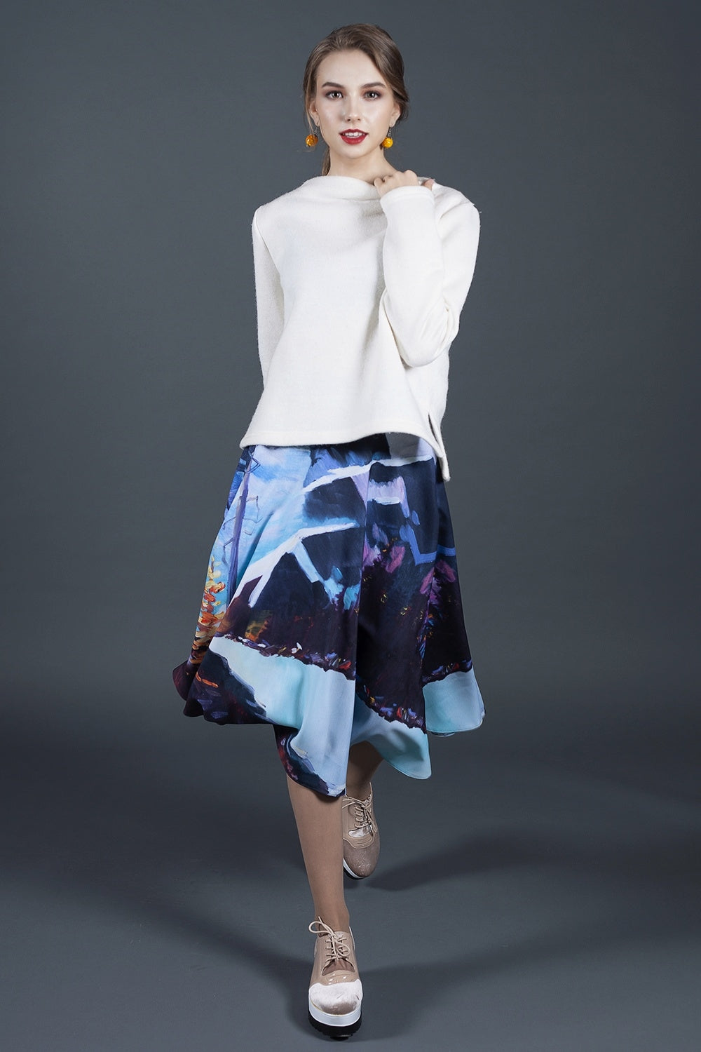 Circle skirt with abstract painted mountain print