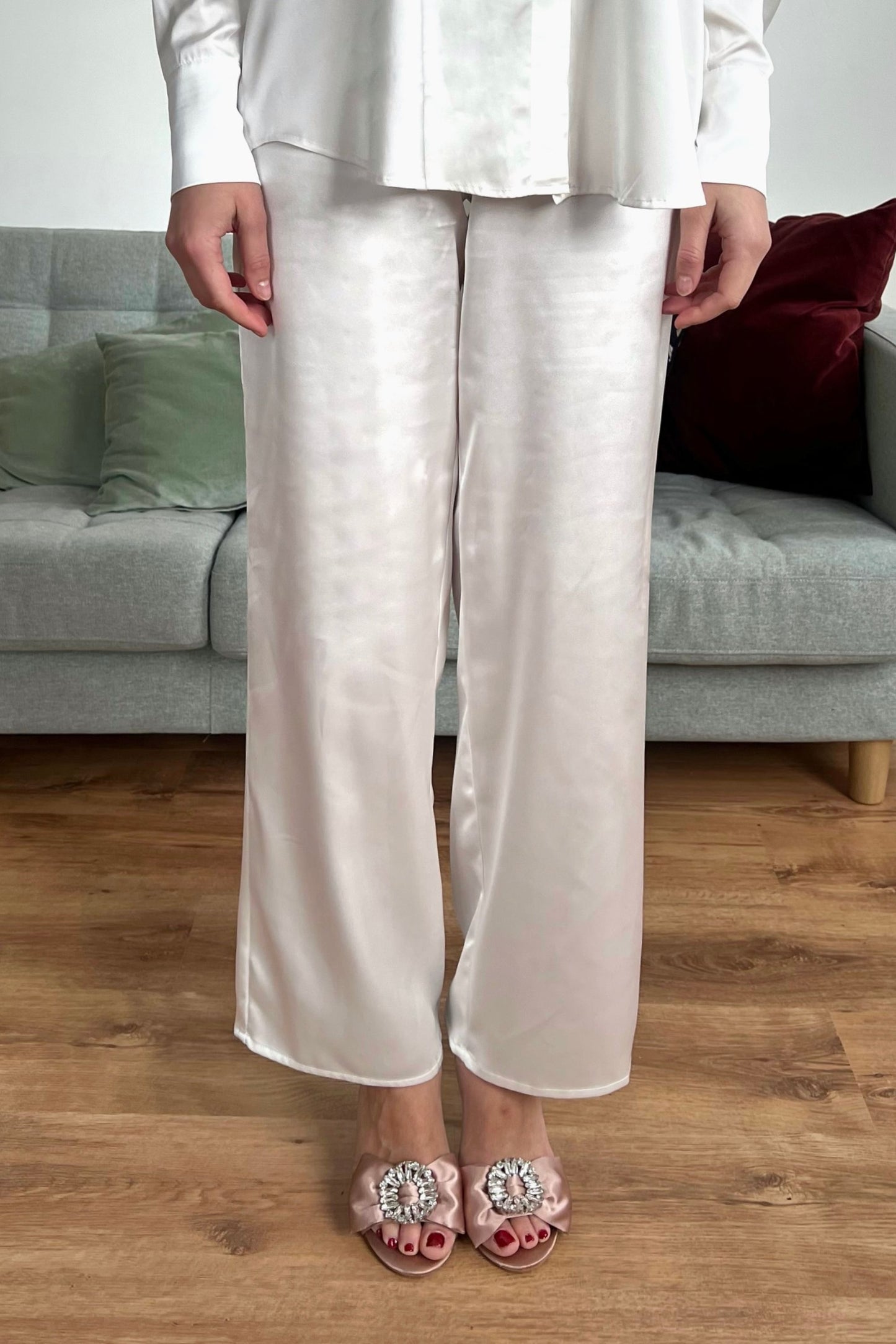 White summer satin trousers
