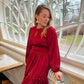 Bordeaux satin ruffle dress with long sleeves