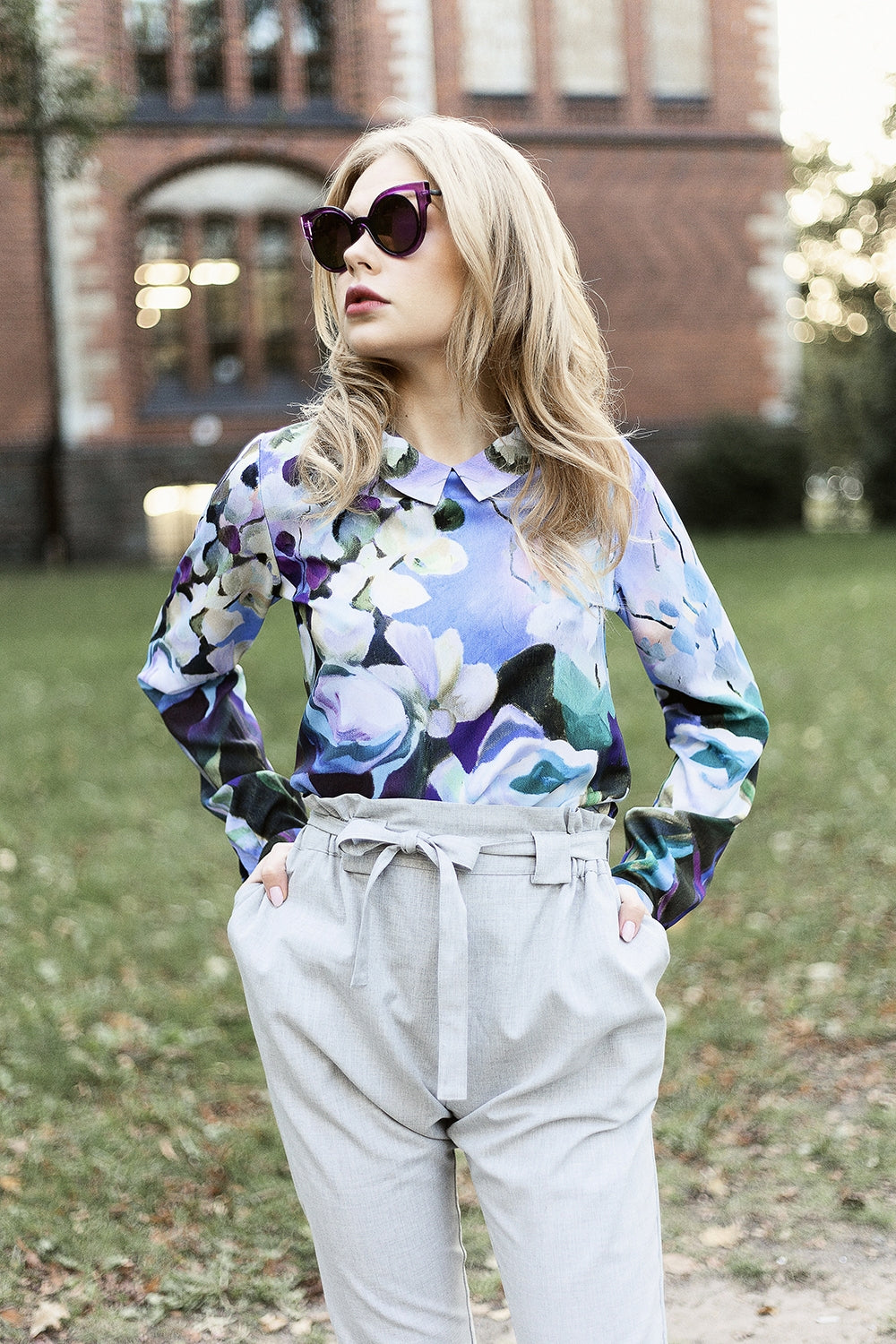 Light blue blouse with painted cotton flower print
