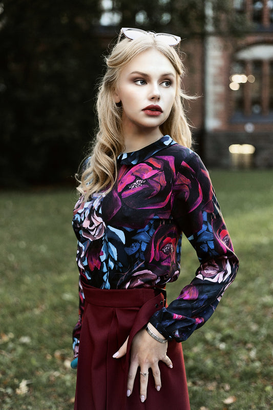 Blouse with painted red flower print