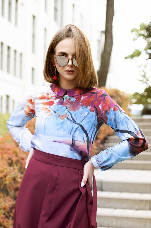 Blouse with abstract red tree print