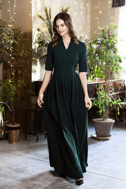 Dark green maxi dress with pleats and separated belt GUNTINA Dark green maxi dress with pleats and separated belt GUNTINA
