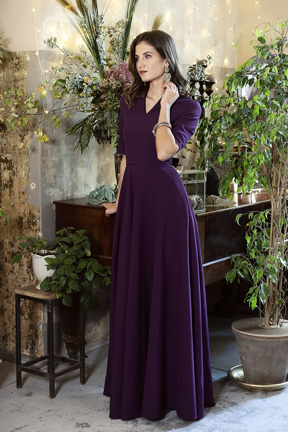 Purple maxi dress with circle skirt and separated belt
