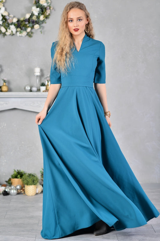 Blue green maxi dress with circle skirt and separated belt
