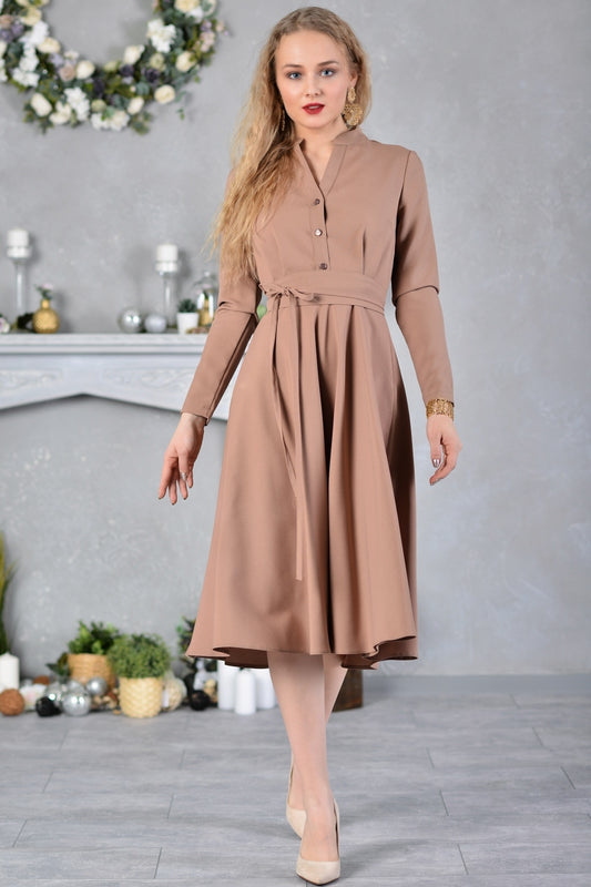 Light brown dress with stand up collar and front buttons