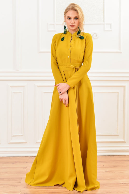 Mustard yellow maxi dress with stand up collar and front buttons