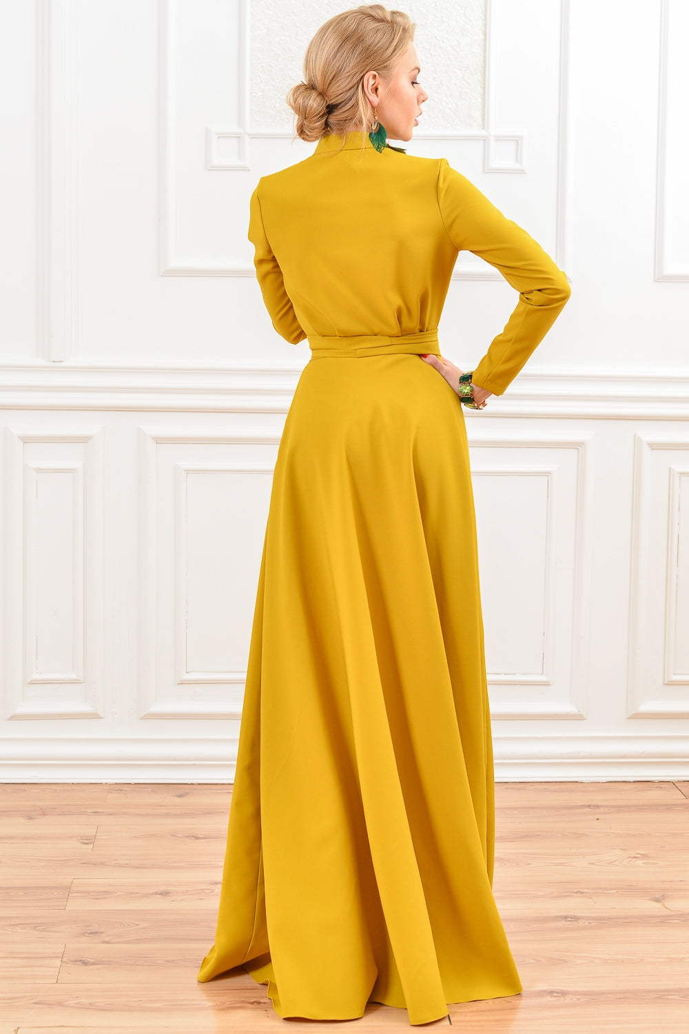 Mustard yellow maxi dress with stand up collar and front buttons