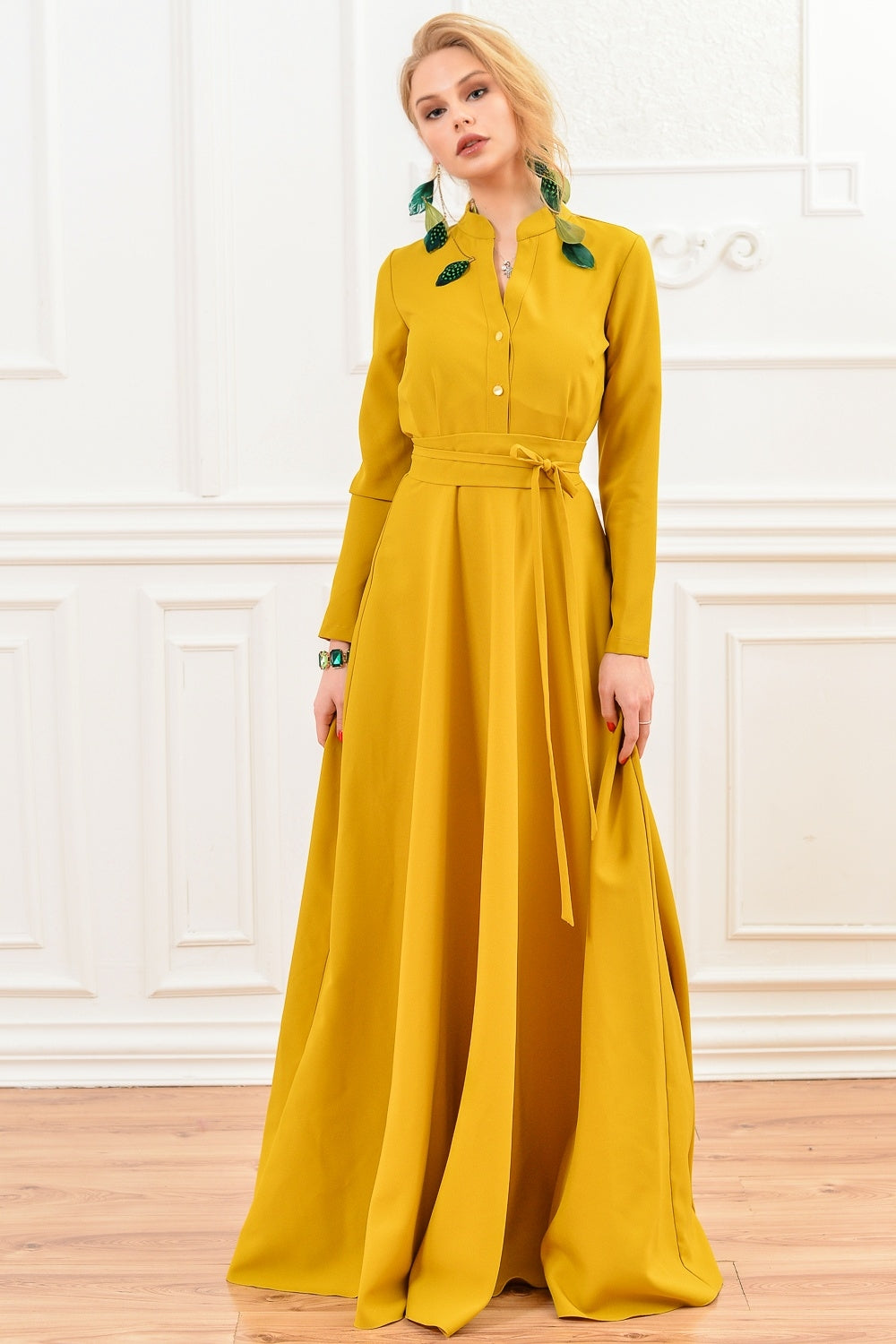Mustard yellow maxi dress with stand up collar and front buttons