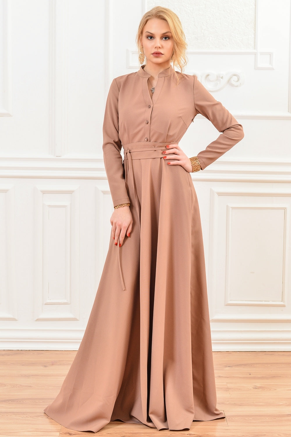 Light brown maxi dress with stand up collar and front buttons