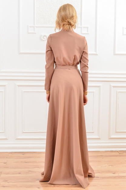 light brown maxi dress Light brown maxi dress with stand up collar and front buttons – GUNTINA