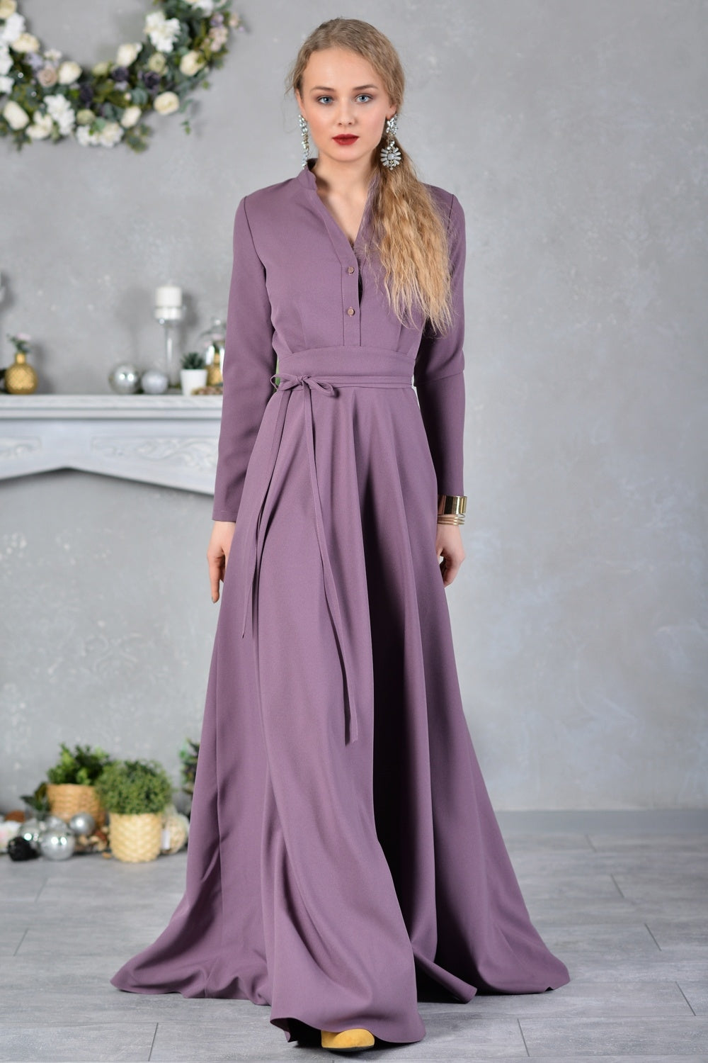 Grey purple maxi dress with stand up collar and front buttons
