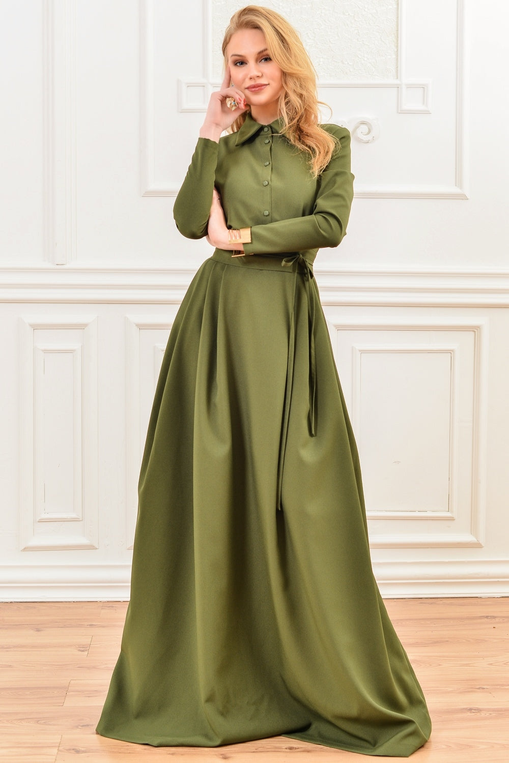 Khaki green maxi dress with front buttons