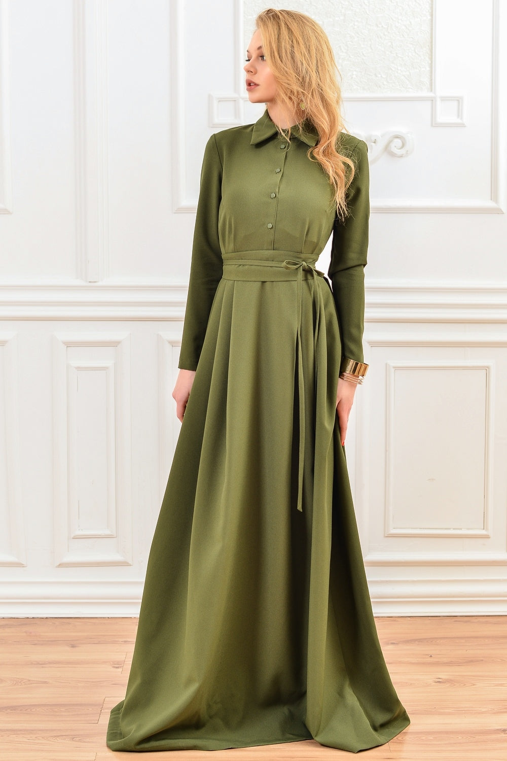 Khaki green maxi dress with front buttons