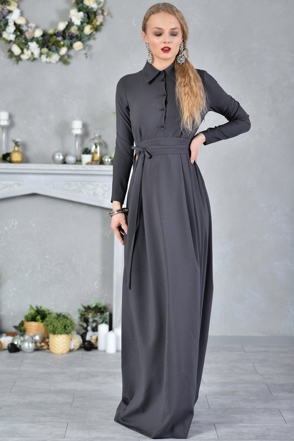 Grey maxi dress with front buttons