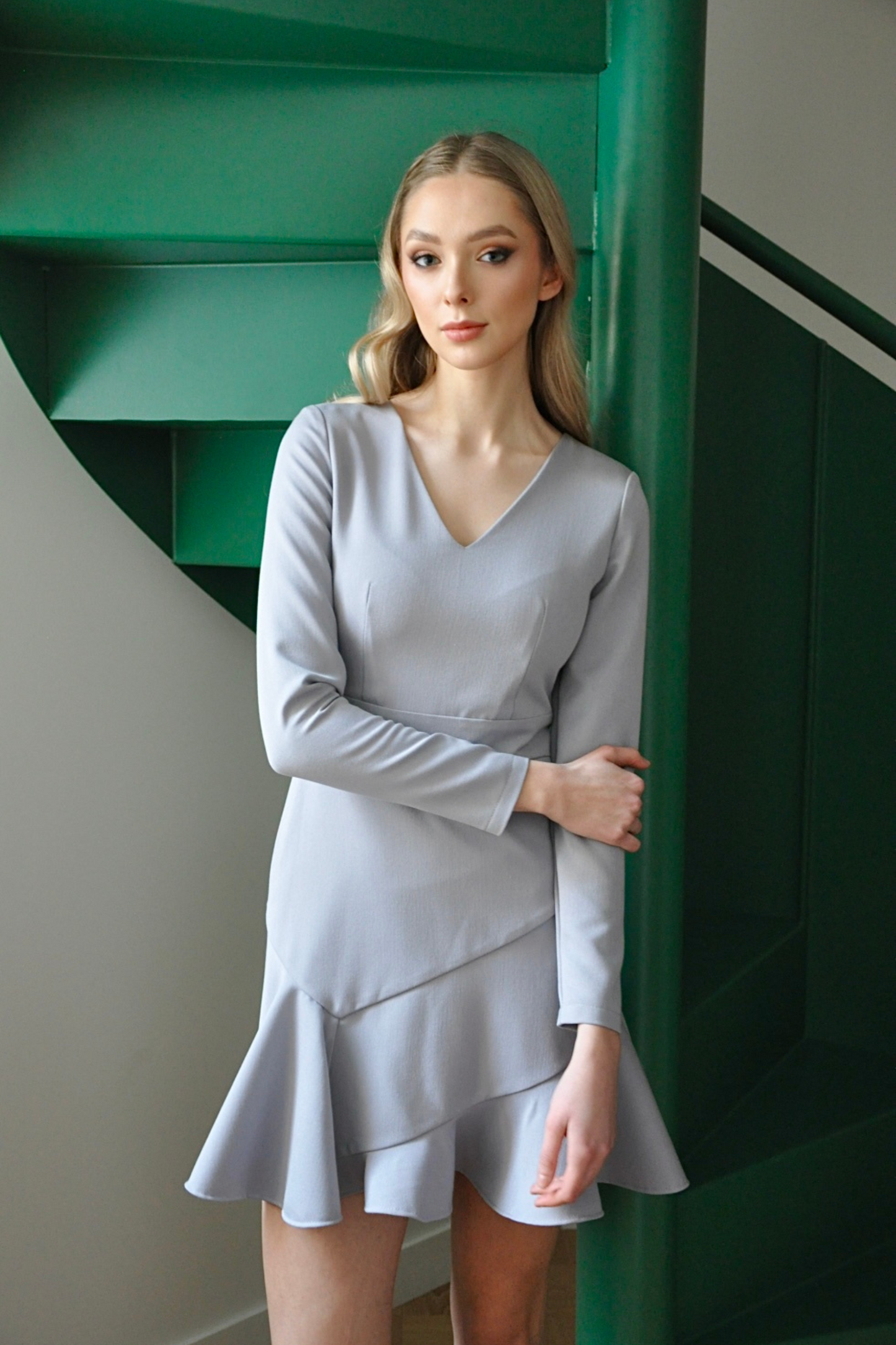 Grey mini dress with ruffle