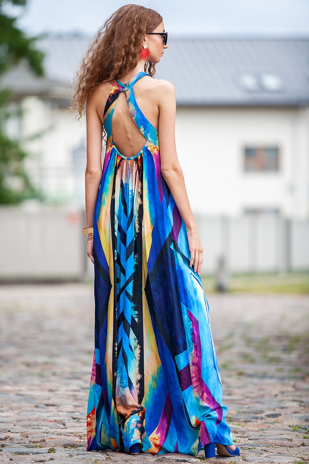 Blue summer long dress with a bare back