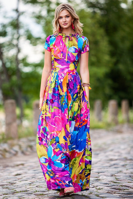 Bright long dress with front bow neckline