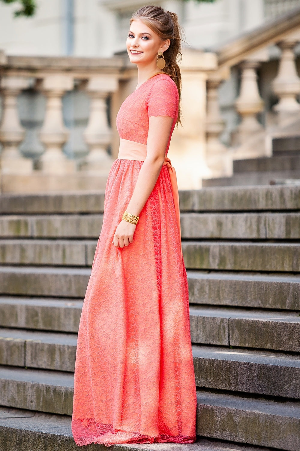 Salmon lace maxi dress with short sleeves GUNTINA Salmon lace maxi dress with short sleeves GUNTINA