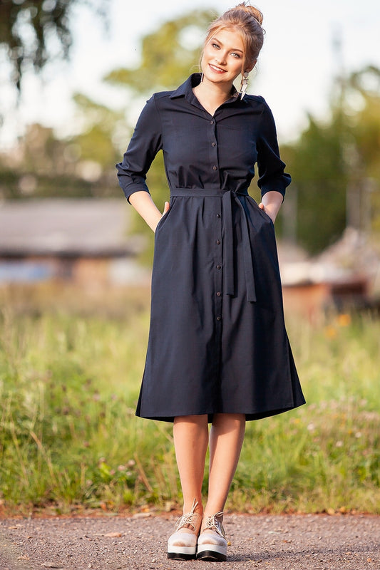 Dark blue extended shirt dress with front buttons
