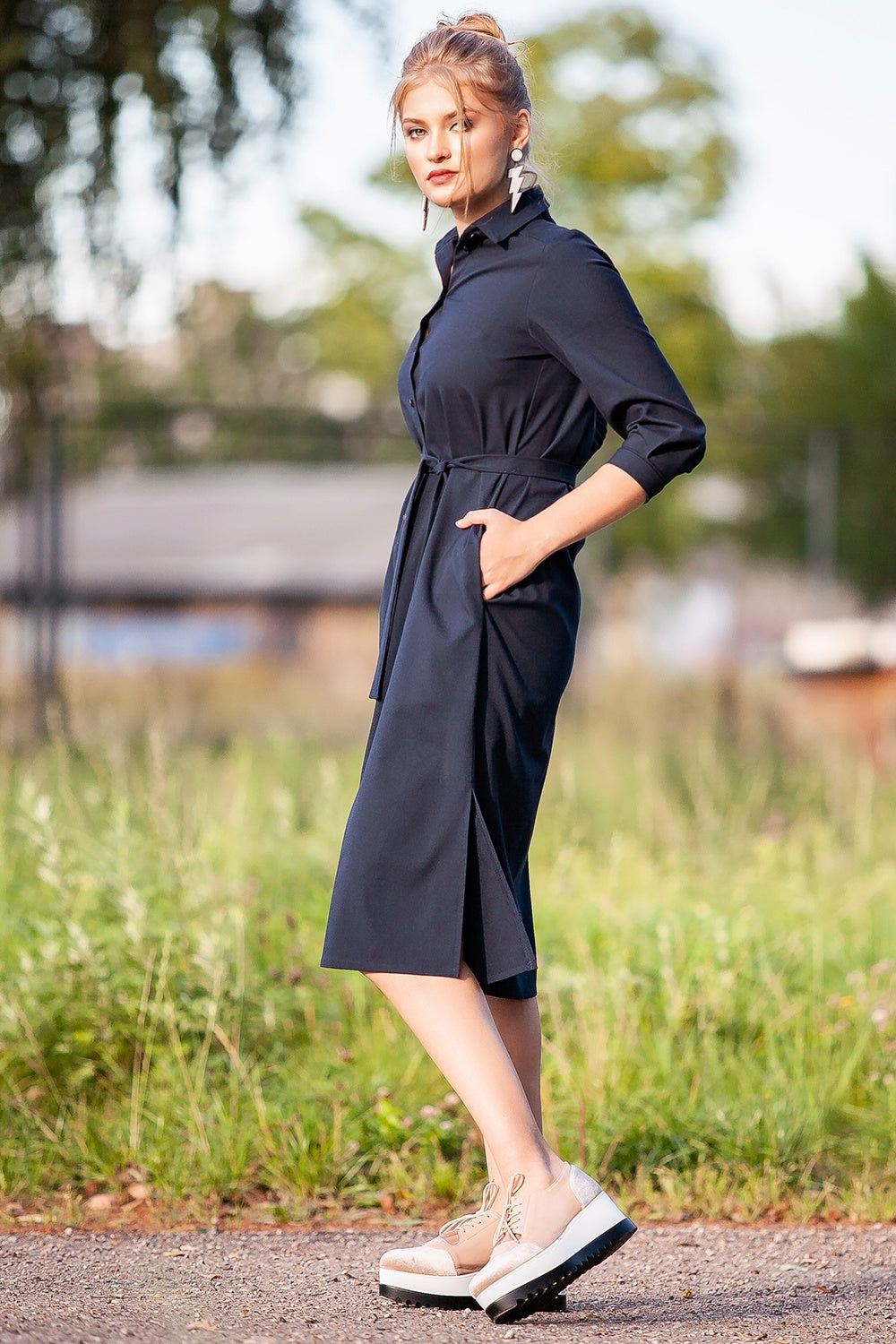 Dark blue extended shirt dress with front buttons