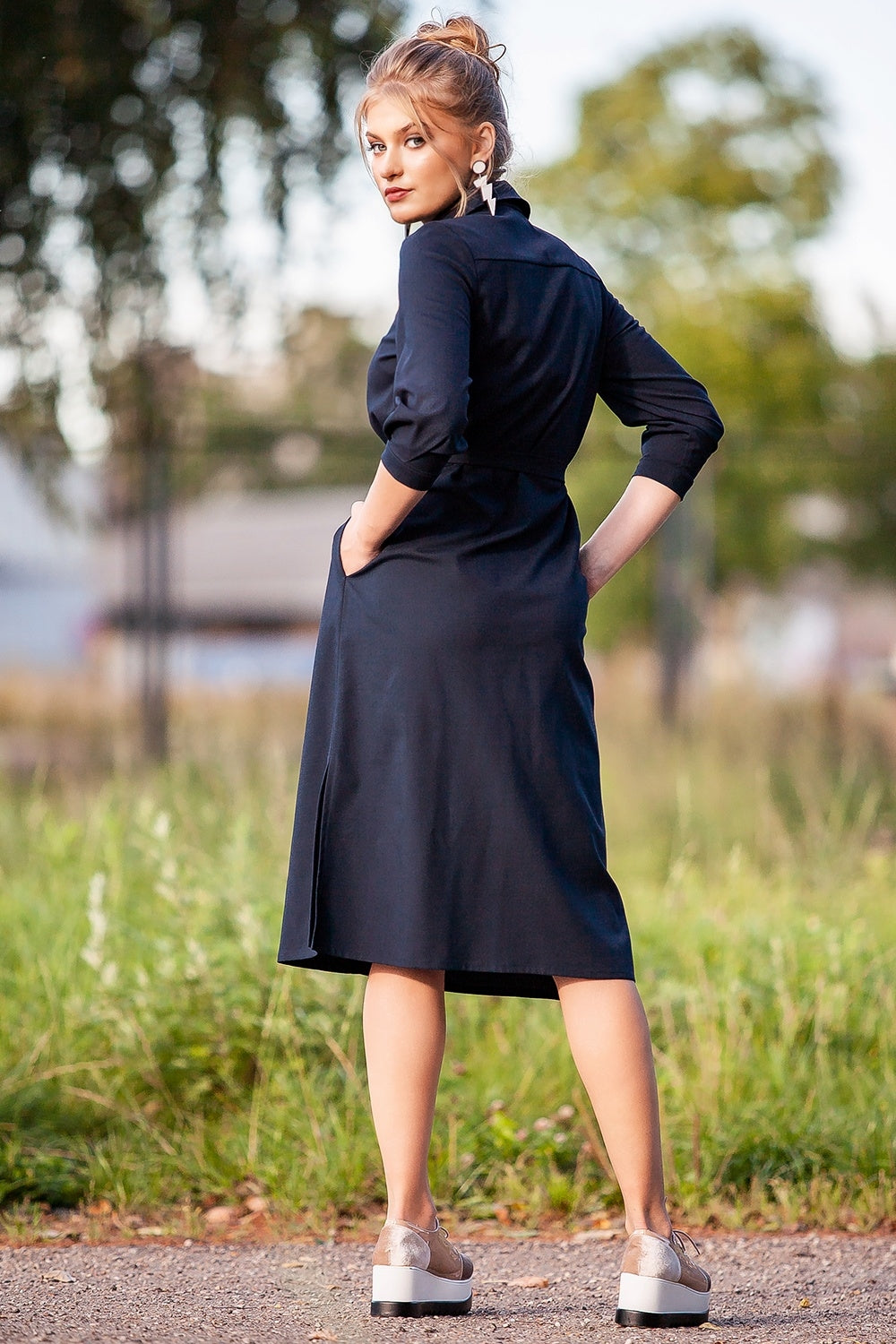 Dark blue extended shirt dress with front buttons