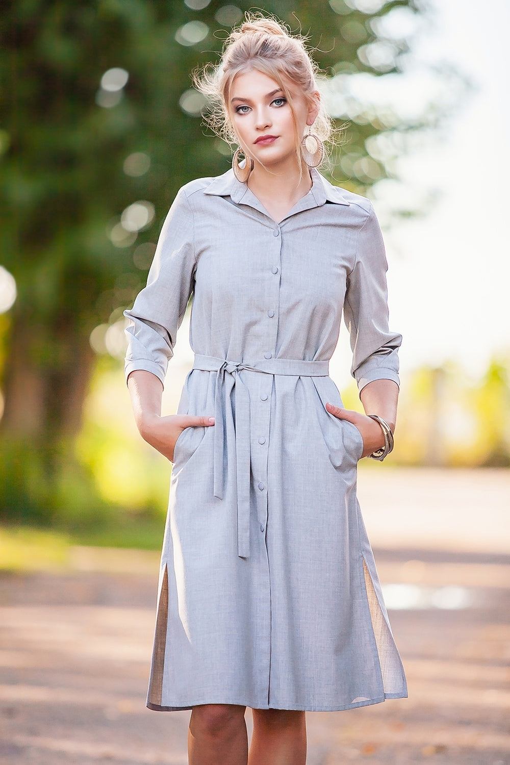 Grey extended shirt dress with front buttons