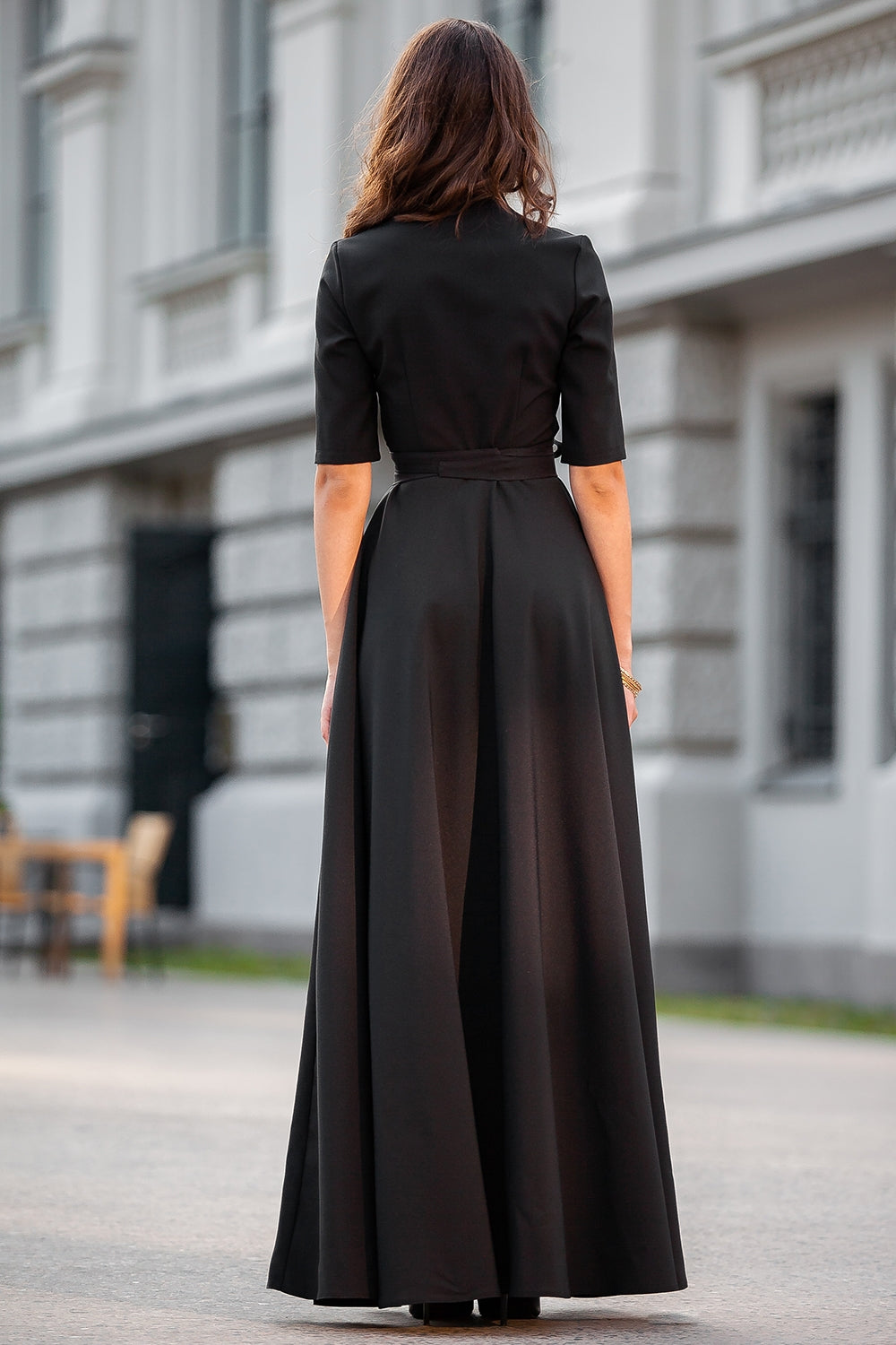 Black classic maxi dress with circle skirt and separated belt GUNTINA Black classic maxi dress with circle skirt and separated belt GUNTINA